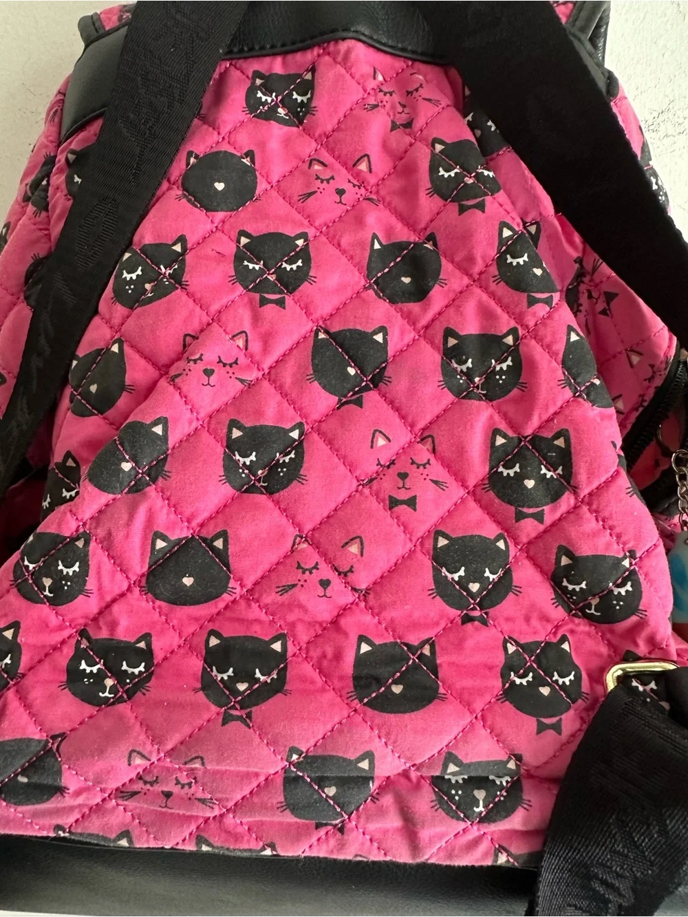 Luv Betsey Johnson Pink Black Cat Quilted Backpack Kitty Charm School Bag
